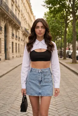 Minissaia jeans azul claro 100% algodão com bolsos para mulher