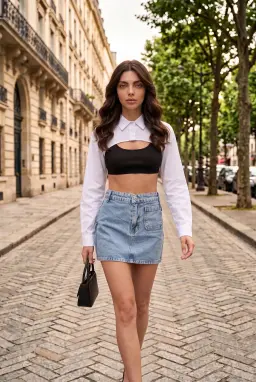 Minissaia jeans azul claro 100% algodão com bolsos para mulher