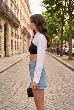 Minissaia jeans azul claro 100% algodão com bolsos para mulher