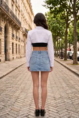 Minissaia jeans azul claro 100% algodão com bolsos para mulher