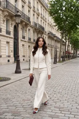 Conjunto de Calça 2 Peças Feminino Branco Gola Mandarim e Perna Larga