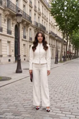 Conjunto de Calça 2 Peças Feminino Branco Gola Mandarim e Perna Larga
