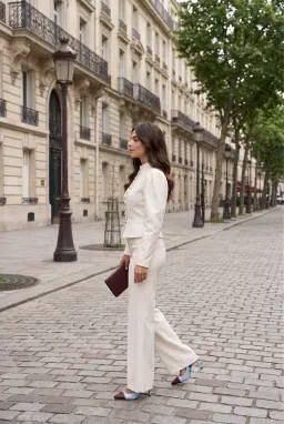 Conjunto de Calça 2 Peças Feminino Branco Gola Mandarim e Perna Larga