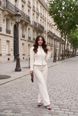 Conjunto de Calça 2 Peças Feminino Branco Gola Mandarim e Perna Larga