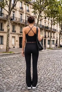 Kadın İkili Takım: İp Askılı Crop Bluz ve İspanyol Paça Pantolon — Siyah