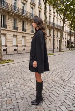 Damen Anthrazit Cape Mantel mit Felltaschen