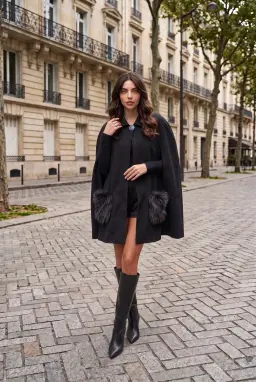Damen Anthrazit Cape Mantel mit Felltaschen