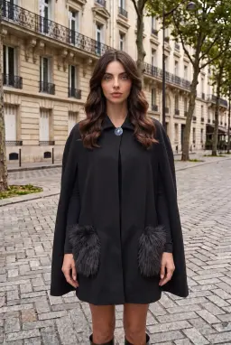 Damen Anthrazit Cape Mantel mit Felltaschen