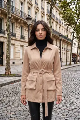 Camisa-Jaqueta Bege com Cinto e Bolsos Senhora - XL