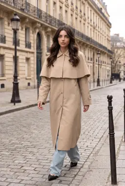 Trench coat beige da donna con mantella
