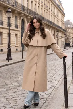 Trench coat beige da donna con mantella