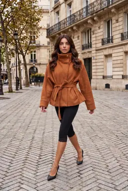 Damen Wildlederoptik Jacke mit Gürtel und Stehkragen Camel