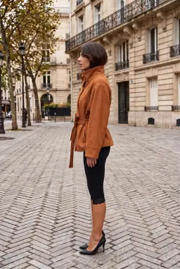 Damen Wildlederoptik Jacke mit Gürtel und Stehkragen Camel