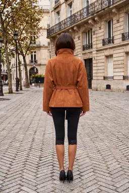 Damen Wildlederoptik Jacke mit Gürtel und Stehkragen Camel