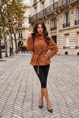 Damen Wildlederoptik Jacke mit Gürtel und Stehkragen Camel
