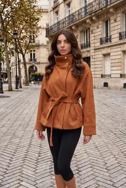 Damen Wildlederoptik Jacke mit Gürtel und Stehkragen Camel