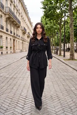 Completo 2 Pezzi Donna Camicia con Cintura e Pantalone Largo Nero