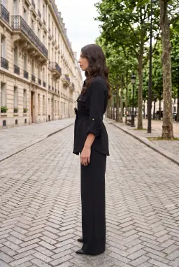 Completo 2 Pezzi Donna Camicia con Cintura e Pantalone Largo Nero