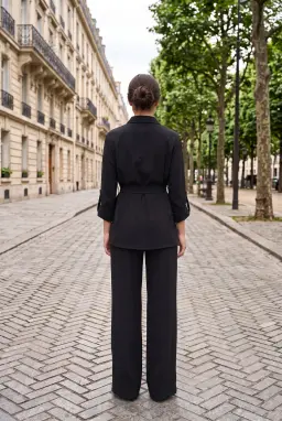 Completo 2 Pezzi Donna Camicia con Cintura e Pantalone Largo Nero