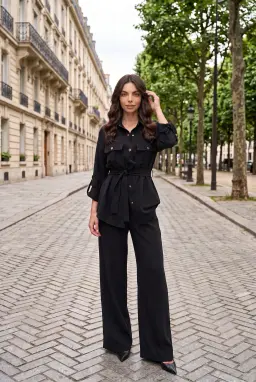 Completo 2 Pezzi Donna Camicia con Cintura e Pantalone Largo Nero