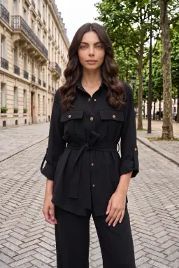 Completo 2 Pezzi Donna Camicia con Cintura e Pantalone Largo Nero