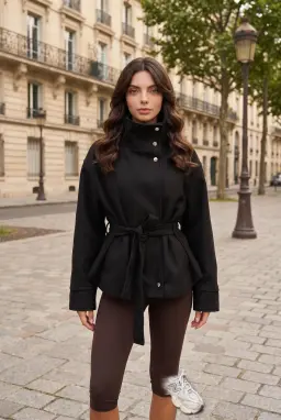 Giacca Corta Nera Oversize con Cintura e Collo Alto da Donna