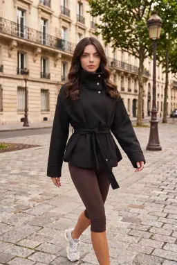 Giacca Corta Nera Oversize con Cintura e Collo Alto da Donna