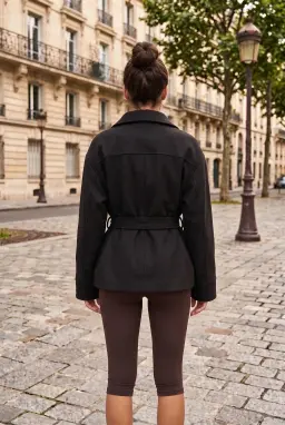 Giacca Corta Nera Oversize con Cintura e Collo Alto da Donna