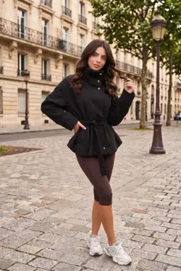 Giacca Corta Nera Oversize con Cintura e Collo Alto da Donna