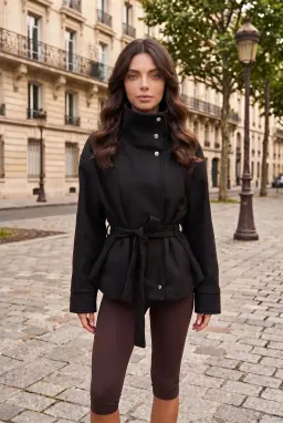 Giacca Corta Nera Oversize con Cintura e Collo Alto da Donna