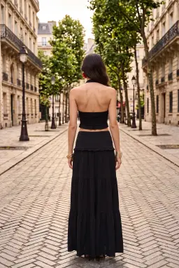 Γυναικείο Μαύρο Αμάνικο Crop Top με Λαιμόκοψη V, Κόμπο και Βολάν