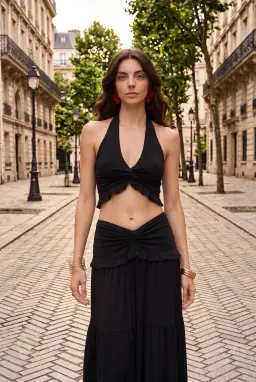 Γυναικείο Μαύρο Αμάνικο Crop Top με Λαιμόκοψη V, Κόμπο και Βολάν