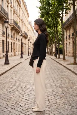 Top de malha preto de manga longa para mulher com debrum em contraste