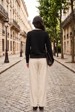 Top de malha preto de manga longa para mulher com debrum em contraste