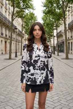Women's Black Tie-Dye Satin Button-Down Shirt