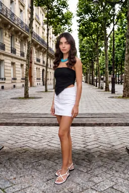 Top Cropped Bandeau Feminino Jeans Preta Lavada com Amarração nas Costas