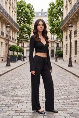 Damen Schwarzes Zweiteiliges Set aus Wickel-Top und Hüfthose — Schwarz