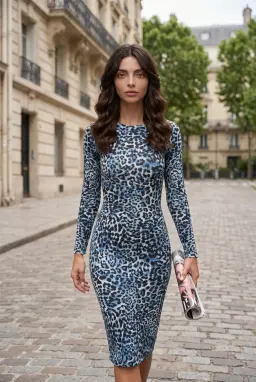 Damen Bodycon Kleid Langarm mit Blauem Leopardenmuster