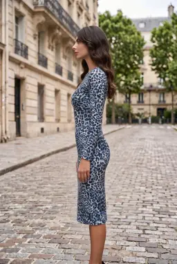 Damen Bodycon Kleid Langarm mit Blauem Leopardenmuster