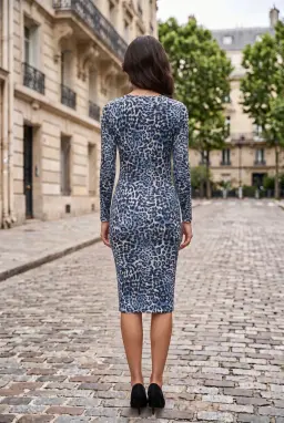 Damen Bodycon Kleid Langarm mit Blauem Leopardenmuster