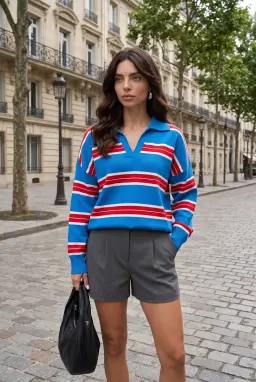 Suéter de Malha às Riscas Azuis com Gola Polo em V para Mulher