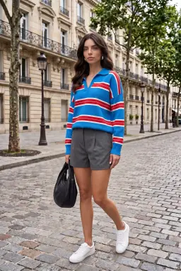 Suéter de Malha às Riscas Azuis com Gola Polo em V para Mulher