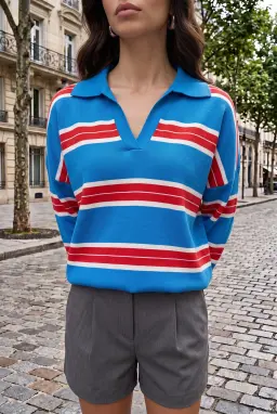 Suéter de Malha às Riscas Azuis com Gola Polo em V para Mulher