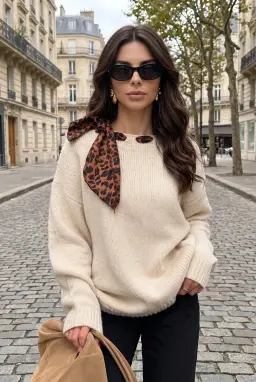 Suéter de Malha com Decote Canoa e Detalhe de Lenço para Mulher — Bege