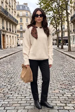 Suéter de Malha com Decote Canoa e Detalhe de Lenço para Mulher — Bege
