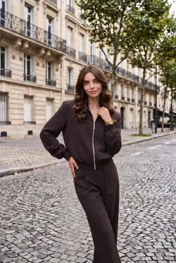 Conjunto de 2 Piezas Mujer Chaqueta con Hombreras y Pantalón Marrón