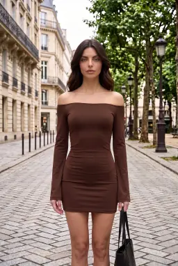 Kadın Kahverengi Madonna Yaka Uzun Kollu Bodycon Mini Elbise