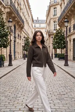 سويتر نسائي مضلع بياقة بولو وسحاب مزدوج بني