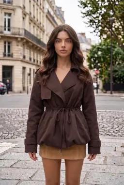 Dam Brun Kort Trenchcoat Ballongskärning Dragsko Jacka