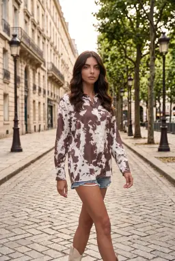 Women's Brown Tie-Dye Print Satin Button-Down Long Sleeve Shirt